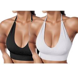 2er Pack BHS Damen Neckholder Sport BH Rückenfrei Tiefer V Ausschinitt Sport Bustier Gepolstert Sexy Gym Push Up Ohne Bügel Bra Crop Top Backless Verstellbare Träger von HMLTD