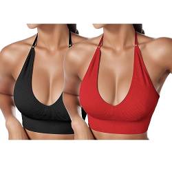 2er Pack BHS Damen Neckholder Sport BH Rückenfrei Tiefer V Ausschinitt Sport Bustier Gepolstert Sexy Gym Push Up Ohne Bügel Bra Crop Top Backless Verstellbare Träger von HMLTD