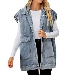 Damen Jeansweste Jeansjacke mit Kapuze Oversized Boyfriend Denim Jeans Weste Locker Ärmellos Hoodie Jacke Mantel mit Taschen von HMLTD