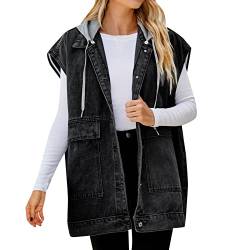 Damen Jeansweste Jeansjacke mit Kapuze Oversized Boyfriend Denim Jeans Weste Locker Ärmellos Hoodie Jacke Mantel mit Taschen von HMLTD