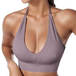 Damen Neckholder Sport BH Rückenfrei Tiefer V Ausschinitt Sport Bustier Gepolstert Sexy Gym Push Up Ohne Bügel Bra Crop Top Backless Verstellbare Träger von HMLTD