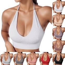 Damen Neckholder Sport BH Rückenfrei Tiefer V Ausschinitt Sport Bustier Gepolstert Sexy Gym Push Up Ohne Bügel Bra Crop Top Backless Verstellbare Träger von HMLTD