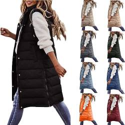 HMLTD Damen Lange Jacke Weste Ärmellose Steppweste Winter Daunenweste Übergangsweste Winterjacke Longweste Winterweste Leichte Warm Gesteppt Casual Reißverschluss Pufferjacke mit Kapuze Daunenmantel von HMLTD