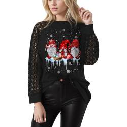 HMLTD Damen Weihnachtsshirt, Weihnachtspullover Wichtel Zwerg Gnom Langarmshirt Casual Langarm Rundhals Spitze Weihnachten Shirt von HMLTD