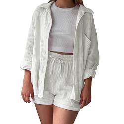 HMLTD Set Damen Outfit 2 Teiler Damen Sommer Zweiteiler Freizeit Basic 2 Teilig Anzug Sommer Elegant Zweiteiler Outfit Set für Frauen Y2K Streetwear Baggy Tracksuit Set Blusen Shirt High Waist Shorts von HMLTD