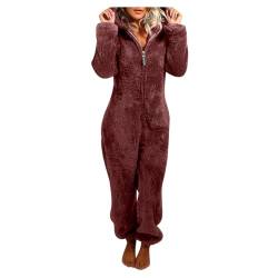 HMLTD Warmer Fleece Overall Damen Kuschelig Jumpsuit Plüsch Schlafanzug Elegant Einteiler Onesie Langarm Einfarbig Pyjama Flauschig Lang Schlafoverall mit Kapuze & Reißverschluss Hausanzug von HMLTD