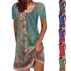 Sommerkleid Damen Knielang Kurzarm T-Shirt Kleider Lässiges Rundhals Boho Strandkleider Sommer Elegant Minikleid Bunte Blumen Drucke Blusenkleid Baumwolle Vintage Partykleid für Alltag von HMLTD