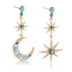 HMOOY Bohemian Moon Star Asymmetrische baumelnde Creolen Crystal Moon und Sun Drop Stud Lange Ohrringe Retro Exquisite Punk Style Accessoires Schmuck für Frauen Mädchen (Gold-1) von HMOOY