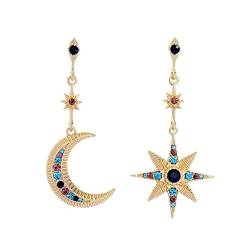 HMOOY Bohemian Moon Star Asymmetrische baumelnde Creolen Crystal Moon und Sun Drop Stud Lange Ohrringe Retro Exquisite Punk Style Accessoires Schmuck für Frauen Mädchen (Gold-C) von HMOOY