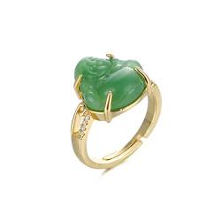 HMOOY Buddha Ring, 18 Karat Vergoldeter Glücklicher Lachender Buddha Ring Verstellbarer Offener Ring aus Weiß/Grün Jade Buddha Glücksamulett Schmuck für Damen Herren (Grün) von HMOOY