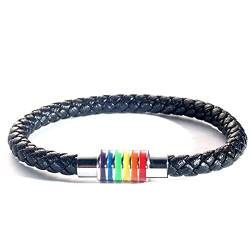 HMOOY Gay Pride Armband, Regenbogen Geflochtenes Lederarmband LGBT Regenbogen Armband Edelstahl Regenbogen Magnetverschluss Armreif Gay Pride Armband Stolz Schmuck für Männer Frauen (Schwarz) von HMOOY