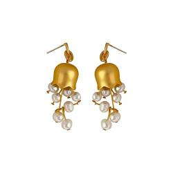 HMOOY Glockenblumen-Perlenohrringe,Maiglöckchen Blumenohrring Vintage Gold Glocke Orchidee Blume Dangle Perle Ohrringe Lily Blume Ohrringe für Mädchen Frauen von HMOOY