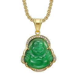 HMOOY Glückliche lachende Buddha Halsketten, Grüne Jade Buddha Halskette Buddha Zirkonia Anhänger Halskette mit 18 Karat vergoldeter Kette Feng Shui Amulett Schmuck für Damen Herren (Grün) von HMOOY