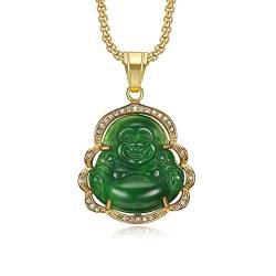 HMOOY Glückliche lachende Buddha Halsketten, Grüne Jade Buddha Halskette Buddha Zirkonia Anhänger Halskette mit 18 Karat vergoldeter Kette Feng Shui Amulett Schmuck für Damen Herren (Grün 1) von HMOOY