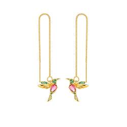 HMOOY Kolibri Ohrringe, Goldene Kolibri Einfädler Ohrringe Kolibri Tropfen Ohrringe mit Langkettiger Quaste Kolibri Schmuck für Damen Mädchen (Gold-rot) von HMOOY