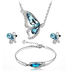 HMOOY Schmetterling Schmuckset, Silber Schmetterling Anhänger Halsketten Ohrringe Armband Set für Damen Verstellbare Blaue Kristall Strass Schmetterling Halskette Geburtsstein Schmuck (Silber) von HMOOY