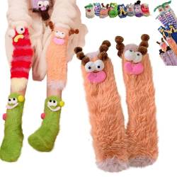 HMRigbly Warme, gemütliche, flauschige Cartoon-Monster-Socken, Korallensamt, dreidimensionale, witzige Wintersocken, flauschige Wintersocken, warme gemütliche Socken für Damen, Orange, One size von HMRigbly