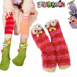 HMRigbly Warme, gemütliche, flauschige Cartoon-Monster-Socken, Korallensamt, dreidimensionale, witzige Wintersocken, flauschige Wintersocken, warme gemütliche Socken für Damen, rot, One size von HMRigbly