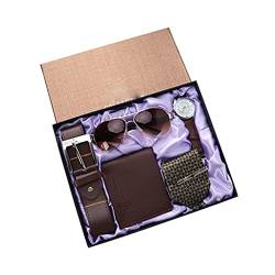 Teile/Satz Herren Geschenkset Wunderschön Verpackt Uhrengläser Ledergürtel Perlen Armband Stift Krawatte Anzug Geschenke für Männer (Color : Brown) (Brown) von HMTE