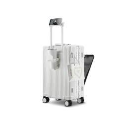 HMTJATOT Gepäck Multifunktions-Reisekoffer Aluminiumrahmen Zugstangenkoffer USB-Ladeanschluss mit klappbarem Getränkehalter Bordtasche (Color : White, Size : 18-inch) von HMTJATOT