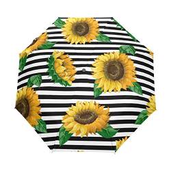 RXYY Sommer- Blumes Sonnenblumen Schwarz Weiß Streifen Falten Auto Öffnen Schließen Regenschirm für Frauen Männer Jungs Mädchen Winddicht Kompakt Reise Leicht Regen Regenschirm von HMZXZ