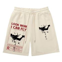HNDB Rapper Sweatpants, Look MOM 1CAN Fly Creative Letter Printing Shorts, Baumwoll-Shorts mit Kordelzug, Slouchy Track Pants ohne Naht, Outdoor-Jogging-Hose (Khaki,S) von HNDB