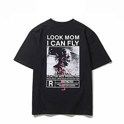 Herren Rapper T-Shirt, Look MOM I CAN Fly Kurzarm T-Shirt mit kreativem Buchstabendruck,Herren Baumwoll Rundhalsmusik-Kanye-T-Shirt für Damen, Männlicher Sonntagspullover (Black,L) von HNDB
