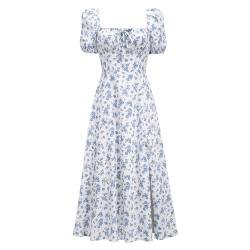 HNFYSMQL Milk Maid Dress for Women, Milkmaid Dress Women, Summer Puff Sleeve Floral Split Maxi Dress Boho Casual Beach Dress (#3,XXL) von HNFYSMQL