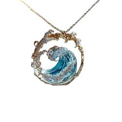 Ocean's Oath Jewelry Set, Wear the Waves! 2024 New Ocean Wave Necklace Earrings/Rings Set, Summer Marine Theme Jewelry Set, Sky blue ocean wave decorative pendant Gift for Women Girls (Necklace) von HNFYSMQL