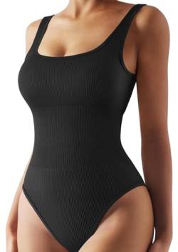 HNIEHEDT Gerippter Sexy-Body für Damen, einteilig, rückenfrei, eckiger Ausschnitt, Tank-Top, ärmellos, Shapewear (XL, black) von HNIEHEDT