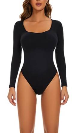 HNIEHEDT Sexy Damen-Body mit quadratischem Ausschnitt, doppelt gefüttert, langärmelig, Tops und Overalls (Black, XL) von HNIEHEDT