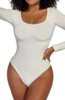 HNIEHEDT Sexy Damen-Body mit quadratischem Ausschnitt, doppelt gefüttert, langärmelig, Tops und Overalls (White, M) von HNIEHEDT