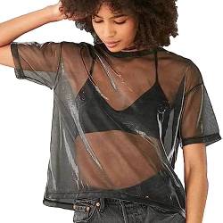 HNJZX Damen T-Shirt Damen Tops Transparent Glänzend Durchsichtig Durchsichtig Transparente Blusen T-Shirt Tops (L, Schwarz) von HNJZX