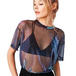 HNJZX Damen T-Shirt Damen Tops Transparent Glänzend Durchsichtig Durchsichtig Transparente Blusen T-Shirt Tops (XL, Blau) von HNJZX