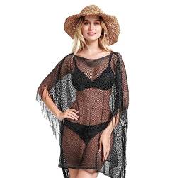 HNJZX Frauen Badeanzüge Cover Ups Crochet Badeanzug Quaste Bikini Coverup Strand Bademode Ärmel Coverups Bikini Cover Up Netz (Schwarz) von HNJZX