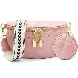 HNOOM Crossbody Bag Damen Breiter Gurt Bauchtasche Damen Leder Brusttasche mit Münze Geldbeutel, Moderne Taschen mit Breitem Schultergurt, Umhängetasche Damen Klein Handytasche (A-Rosa) von HNOOM