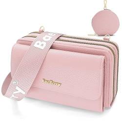 HNOOM Handytasche zum Umhängen Kleine Handy Umhängetasche Damen PU Leder Handytasche mit Geldbörse zum Umhängen Crossbody Schultertasche mit Kartenfächer, Verstellbarem Schultergurt (Rosa) von HNOOM