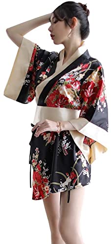 HNYBD Japanischer Damen-Kimono, sexy, traditionell, Dessous, Yukata, Damen-Kostüme, Schlafanzug, Schwarz , One size von HNYBD