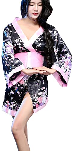 HNYBD Yukata Damen Japanischer Kimono Sexy Traditionelle Robe Dessous, schwarz/pink, One size, L2 von HNYBD