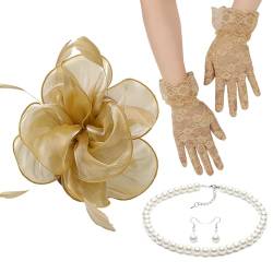 Fascinator für Damen, elegante Perlen, Halskette, Ohrringe, Spitzenhandschuhe, Set, 1920er Jahre, vielseitige Kopfbedeckung, Vintage-Schleier-Stirnband von HNsdsvcd