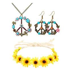 HNsdsvcd Hippie-Kostüm-Set für Damen, Vintage-Stil, Brille, Friedenszeichen, Halskette, Sonnenblumen-Haarband, für Party, Hippie-Kostüm-Set von HNsdsvcd