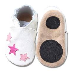 HOBEA-Germany Baby Lauflernschuhe Sterne mit Anti-Rutsch-Pads, Kinder Hausschuhe, Lederschuhe, Design: weiß mit pinken Sternchen, Größe 24/25 (24-30 Mon) von HOBEA-Germany