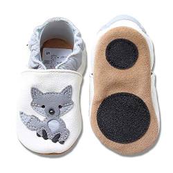 HOBEA-Germany Baby Lauflernschuhe Tiermotiv mit Anti-Rutsch-Sohle, Kinder Hausschuhe Mädchen & Jungen, Lederschuhe Baby (18/19 (6-12 Mon), Wolf) von HOBEA-Germany