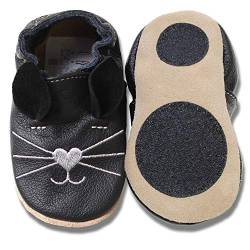 HOBEA-Germany Baby Lauflernschuhe Tiermotiv mit Anti-Rutsch-Sohle, Kinder Hausschuhe Mädchen & Jungen, Lederschuhe Baby (24/25 (24-30 Mon), Katze schwarz) von HOBEA-Germany