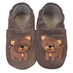 HOBEA-Germany Krabbelschuhe für Jungs und Mädchen in verschiedenen Designs, Kinderhausschuhe Jungen, Lederschuhe, Schuhgröße: 22/23, Modell Schuhe: Bär Dunkelbraun von HOBEA-Germany