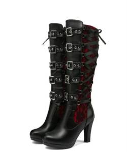 HOBTEC Kniehohe Stiefel Damen High Heels Blockabsatz Plateaustiefel Leder Schnürstiefel Steampunk Gothic Vintage Cosplay (Color : Red, Size : 43 EU) von HOBTEC