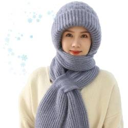 Hokuto Mütze Schal Set Damen, Integrierter Gehörschutz Winddichte Mütze Schal, Kapuzenschal Für Frauen Winter (Blau) von HOKUTO