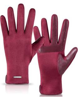 HOLDINA Damen-Handschuhe mit Touchscreen-Fingern, Winterhandschuhe für Damen mit rutschfestem Leder, modische niedliche Handschuhe für Damen, Burgunder, Small / Medium von HOLDINA