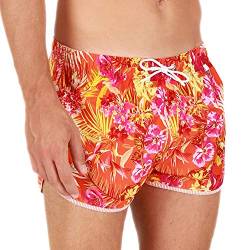 HOM Herren Equatorial Beach Shorts Badehose, Imprimé Floral Orange, Bordage Rayé Orange Et Blanc, M von HOM