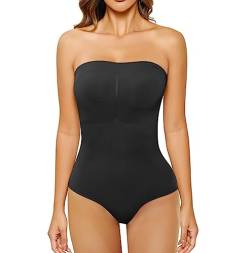 HOMETA Trägerloser Body für Damen, Bauchkontrolle, Shapewear, nahtlos, formend, Tanga, Bodyshaper, Tanktop, Schwarz, S von HOMETA